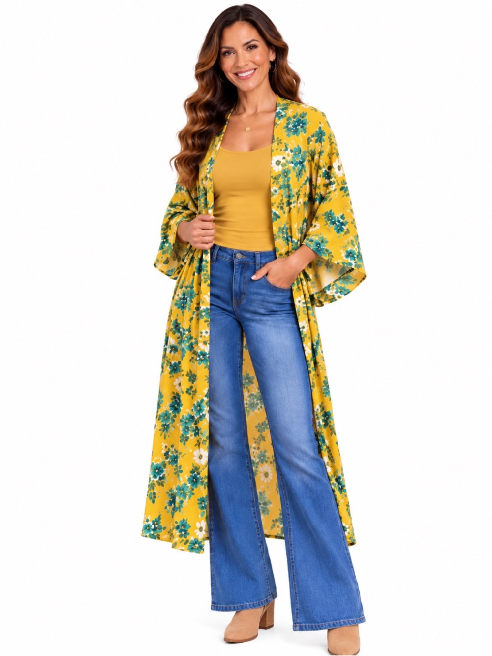 WORLD MARKET Bright Yellow Floral Kimono Duster Size “OS”